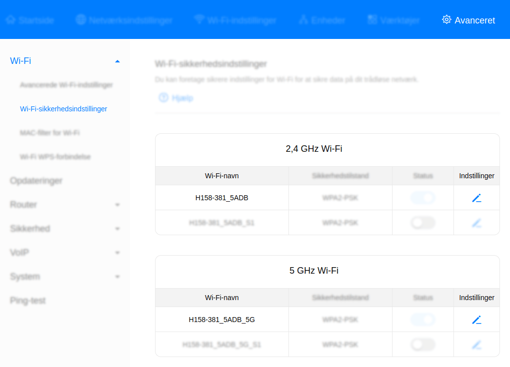 Billede der viser wifi menuen i Huawei H158 routerens GUI.