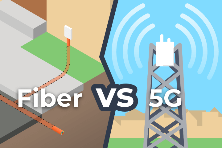 Illustration af forskellen på fibernet og 5G-internet