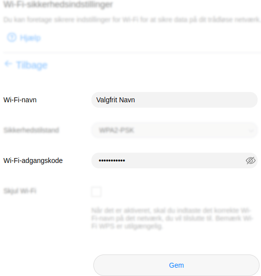 Billede der viser ændring af wifi navn og kode i Huawei H158 routerens GUI.